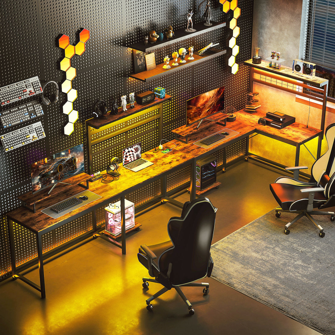 61.6 L Shaped Gaming Desk With Power Outlets & LED Lights, Computer Desk With Monitor Stand And CPU Shelf, Rustic Brown