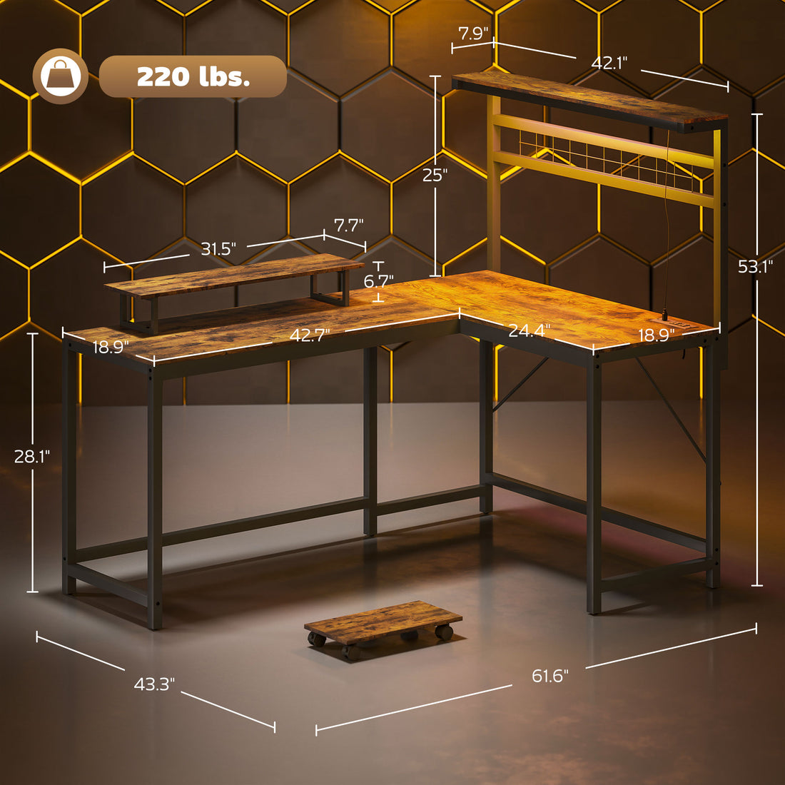 61.6 L Shaped Gaming Desk With Power Outlets & LED Lights, Computer Desk With Monitor Stand And CPU Shelf, Rustic Brown